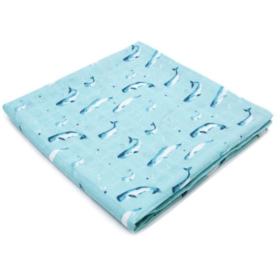 100% Organic Cotton Muslin Swaddle - Watercolour Whales Aquatic Blue