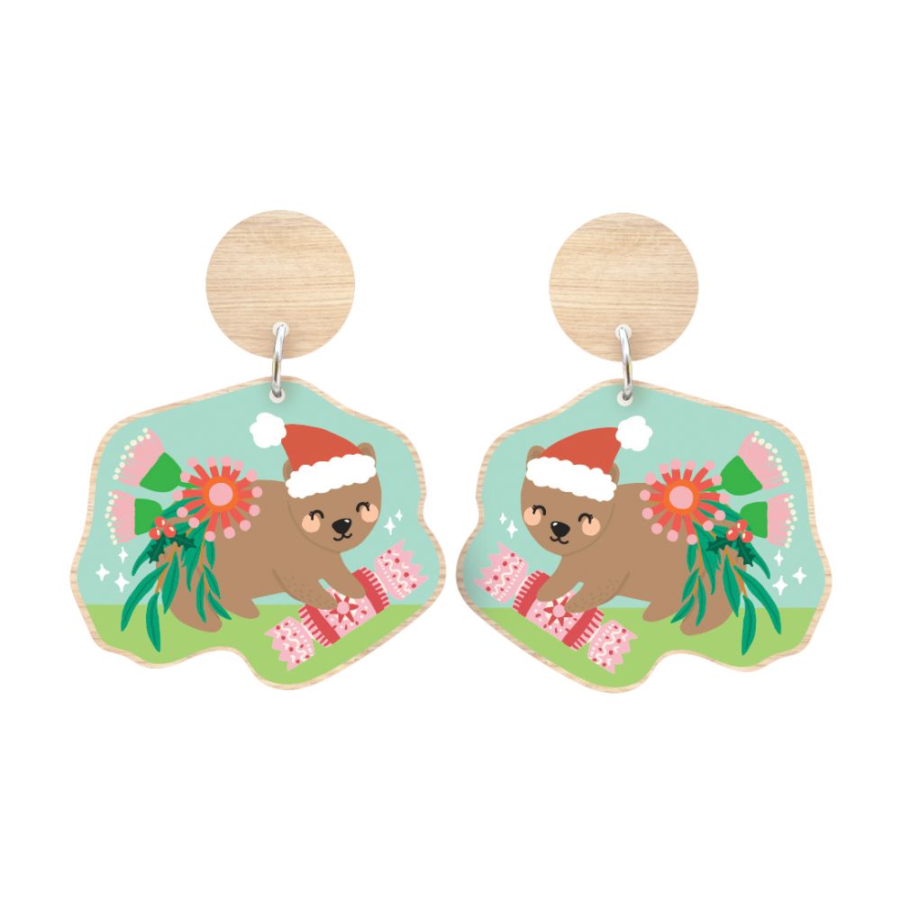 Aero Images Wooden Christmas Earrings - Wombat