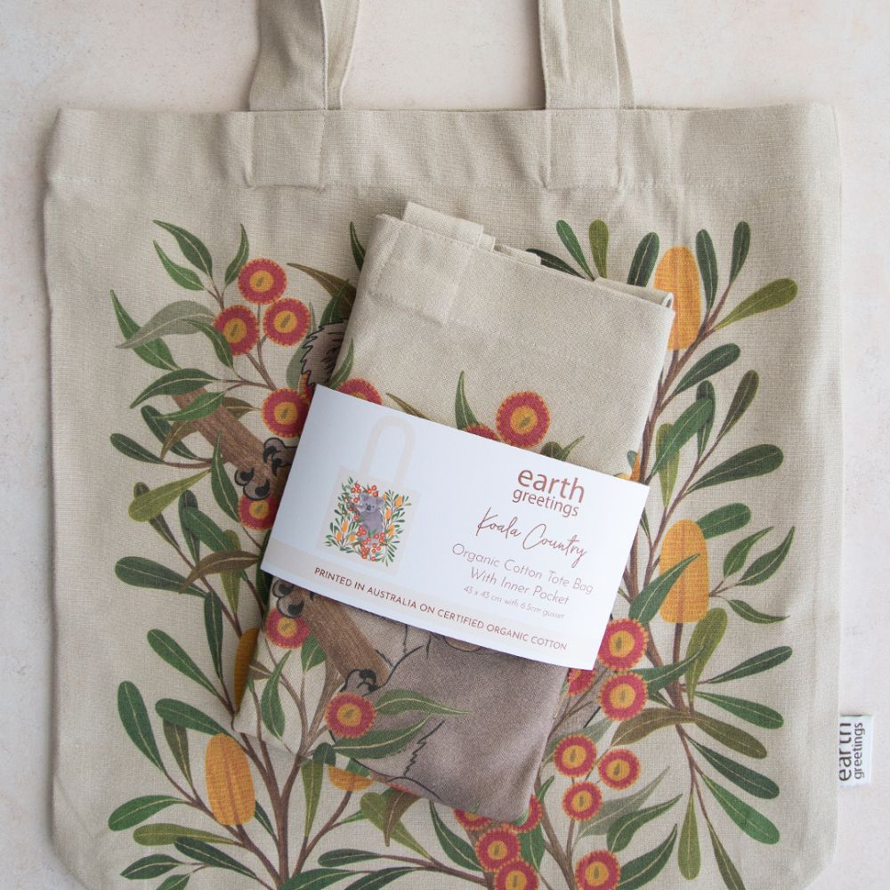 Earth Greetings Organic Cotton Tote Bag with Inner Pocket - Koala Country