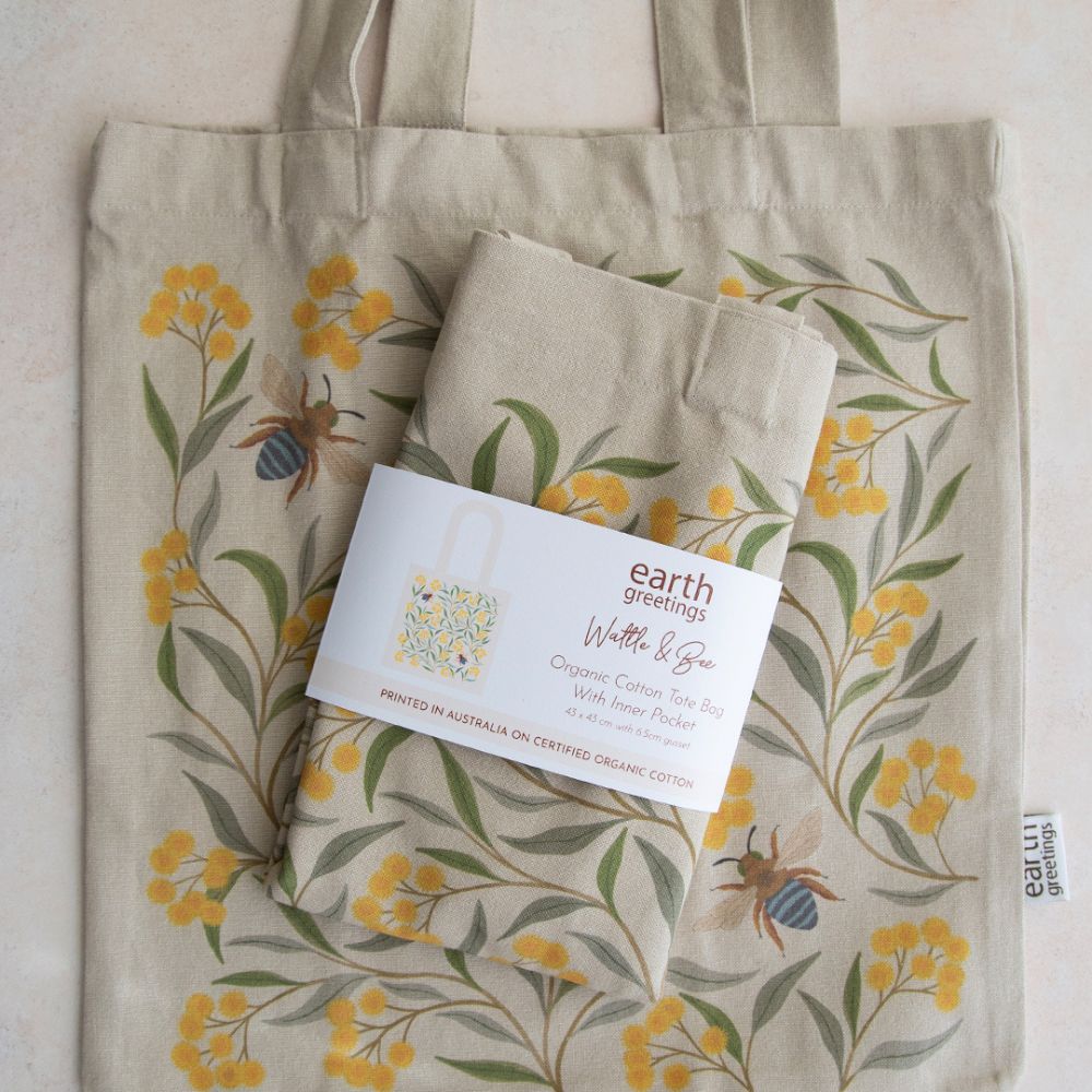 Earth Greetings Organic Cotton Tote Bag with Inner Pocket - Wattle & Bee