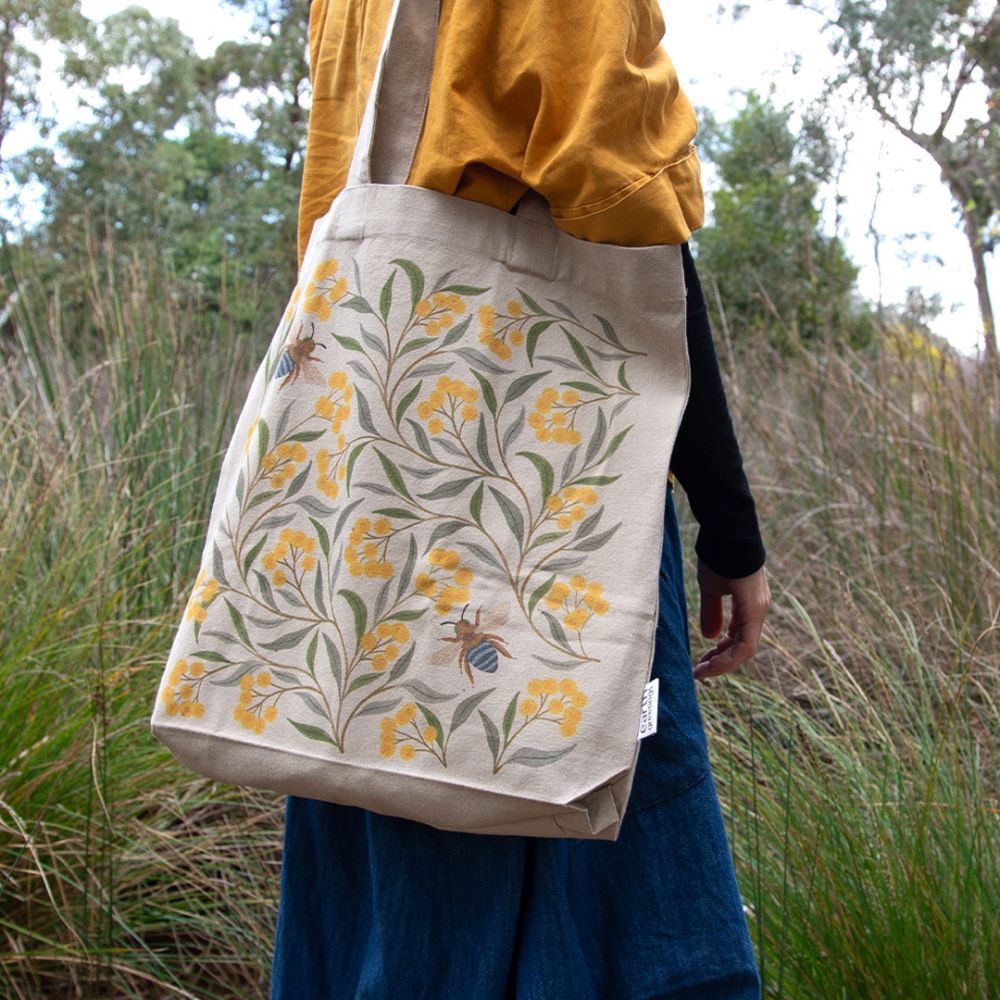 Earth Greetings Organic Cotton Tote Bag with Inner Pocket - Wattle & Bee