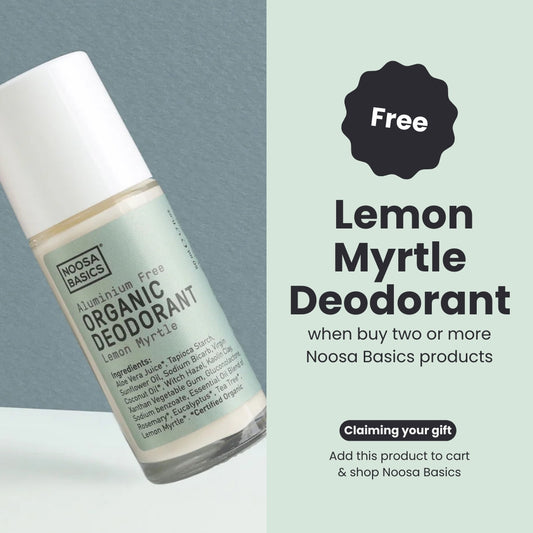 FREE Noosa Basics Lemon Myrtle Roll On Deodorant (valued at $18.95) when you buy two Noosa Basics products (excludes lip balms)