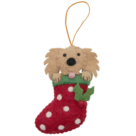 Fairtrade Felt Christmas Decoration - Golden Retriever in Stocking