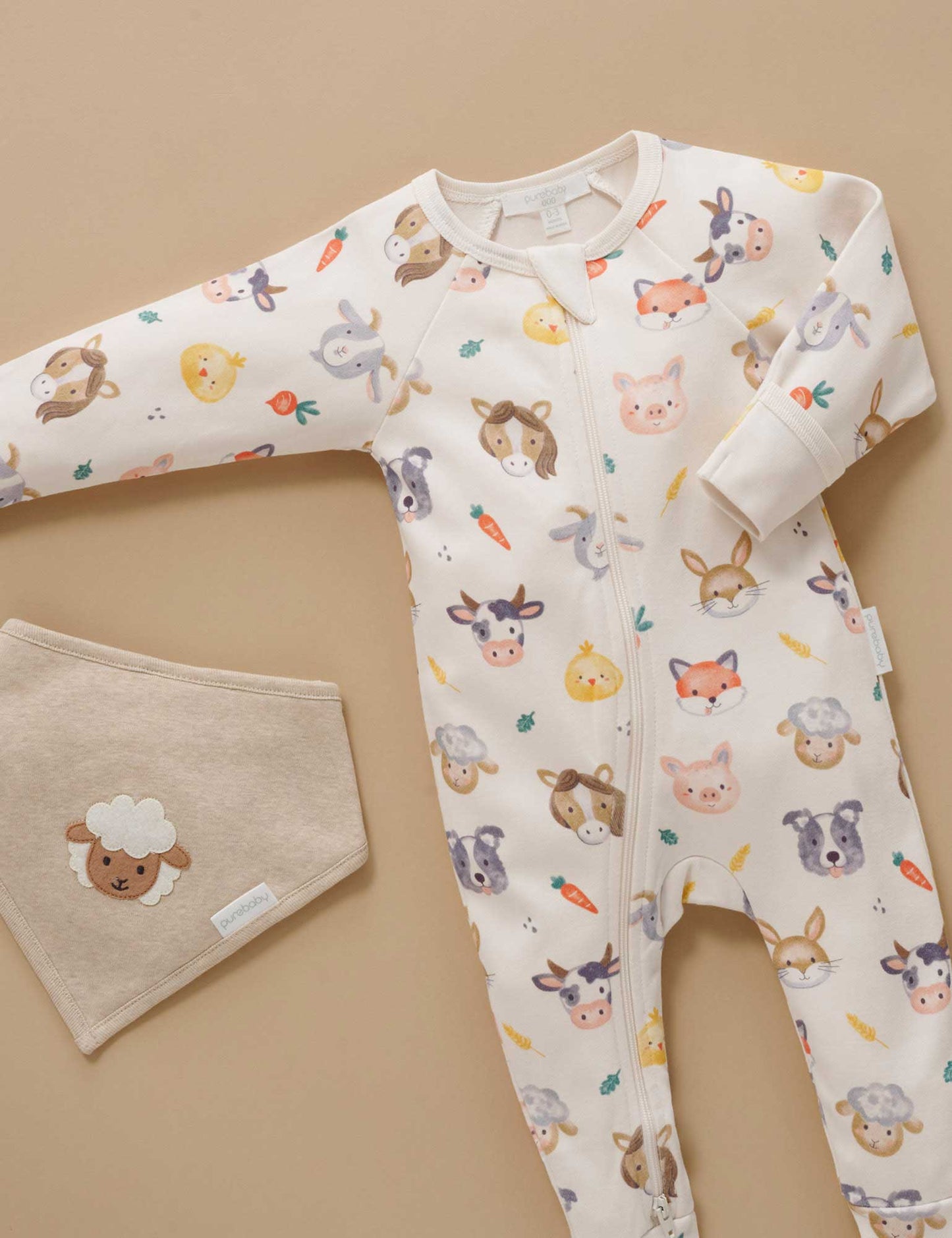 Purebaby Thick Zip Growsuit - Farm Friends Print