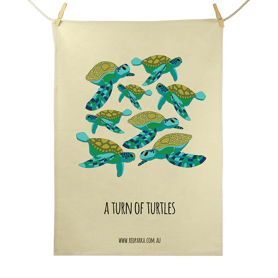 Red Parka Tea Towel Turn of Turtles