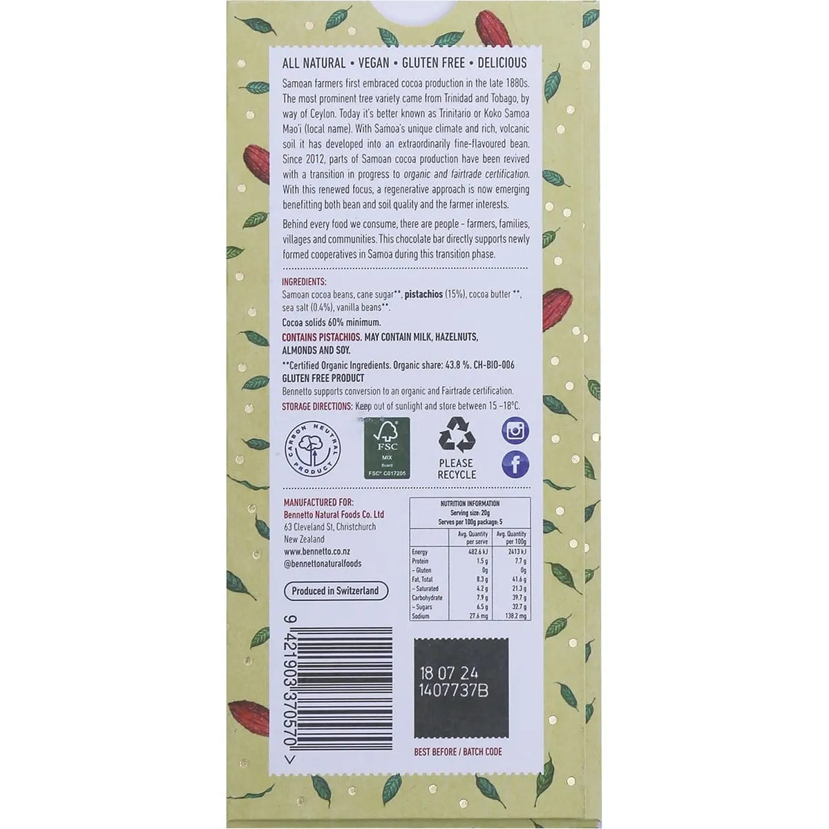 Bennetto Organic Dark Chocolate 100g - Pistachios