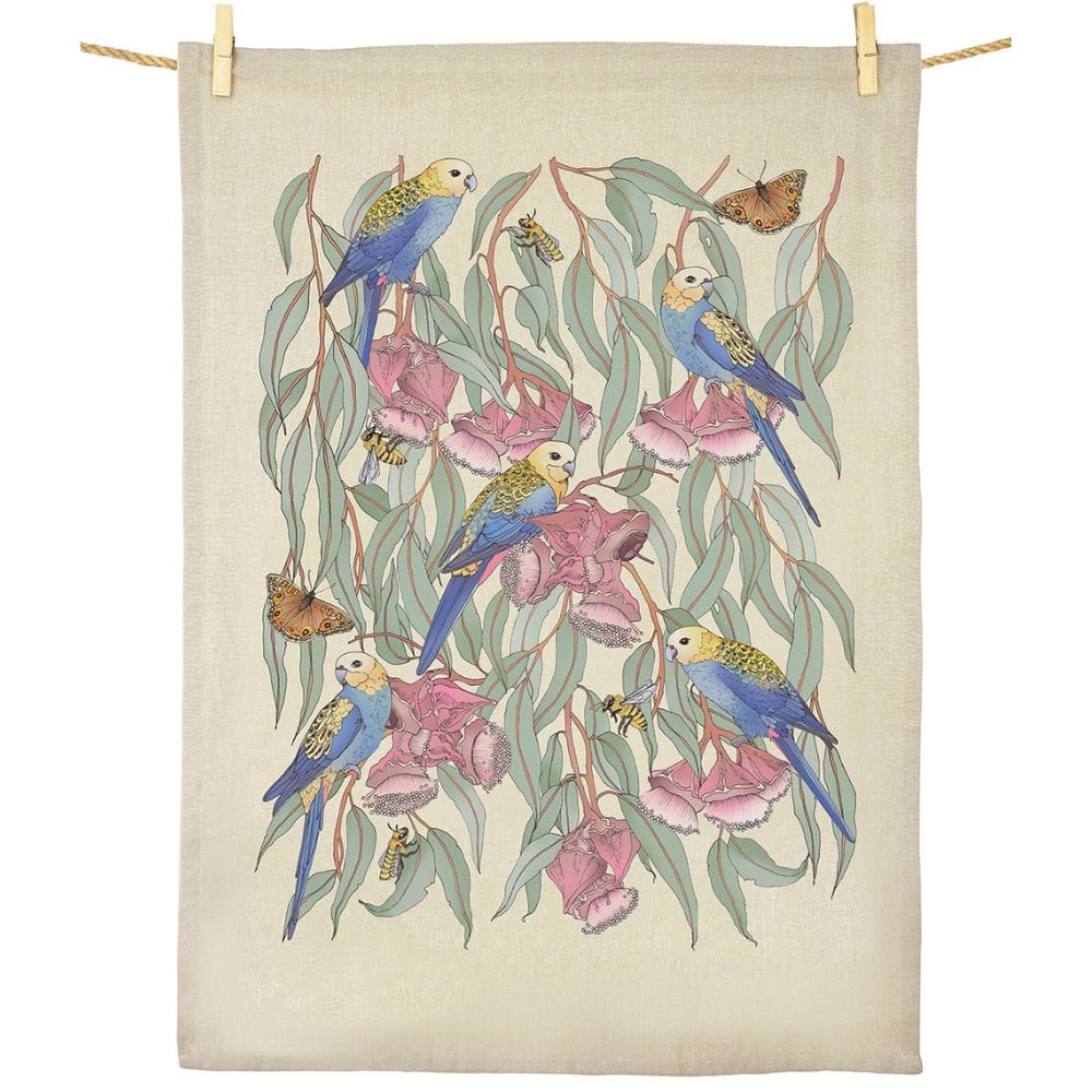 Earth Greetings Organic Cotton Tea Towel - Victoria McGrane -  Rosellas Amongst The Marlee