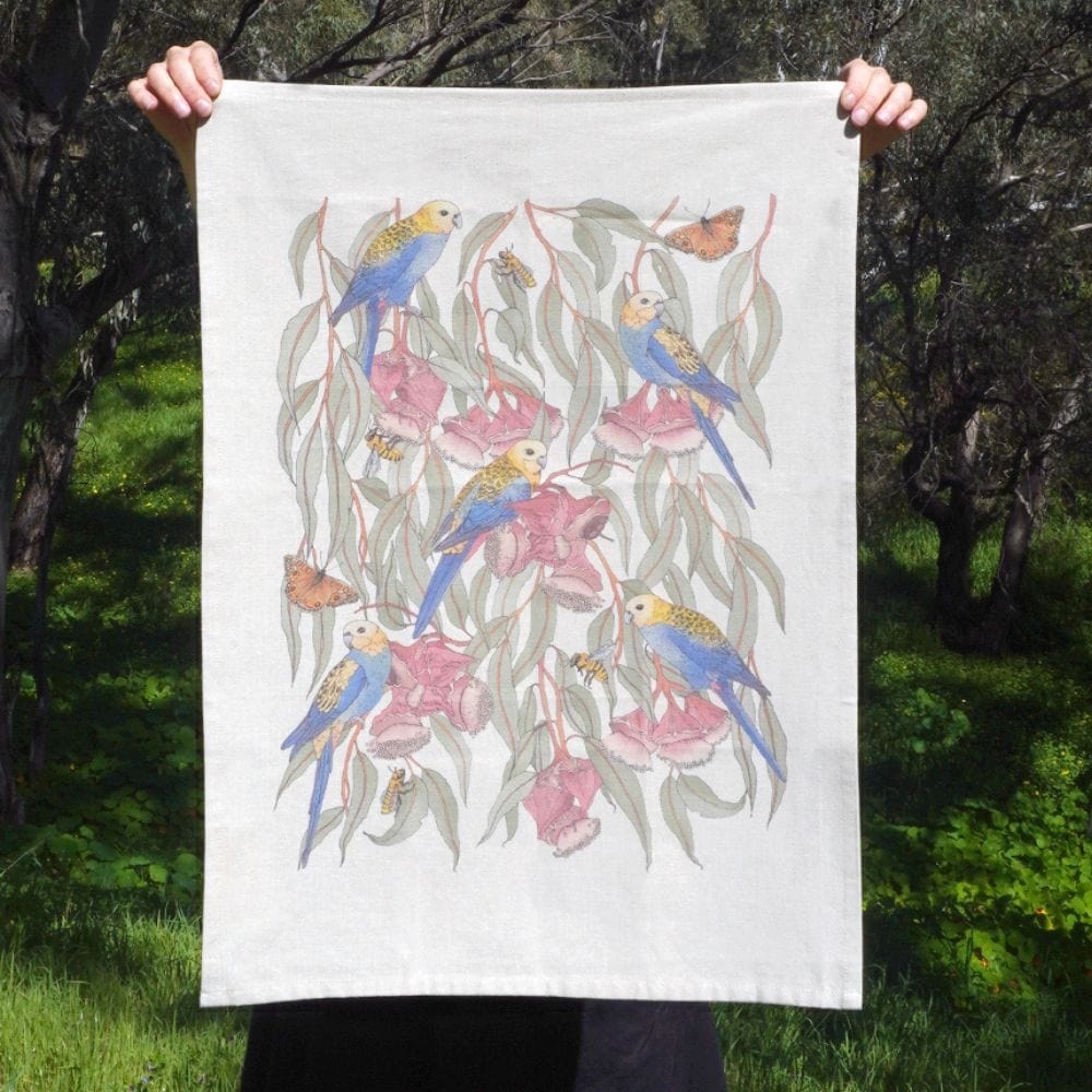 Earth Greetings Organic Cotton Tea Towel - Victoria McGrane -  Rosellas Amongst The Marlee