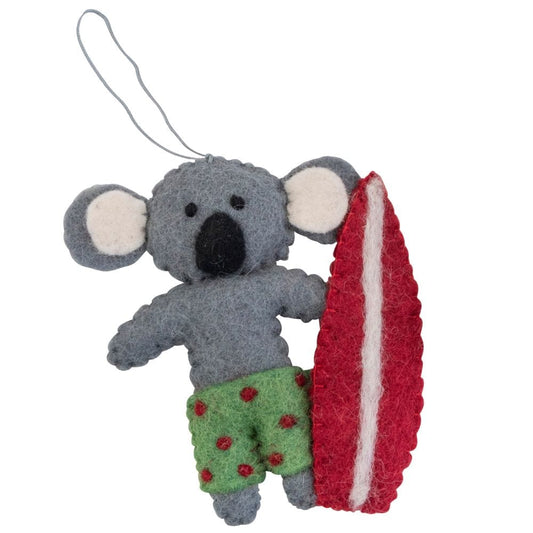 Fairtrade Felt Christmas Decoration - Koala with Surfboard Green Shorts