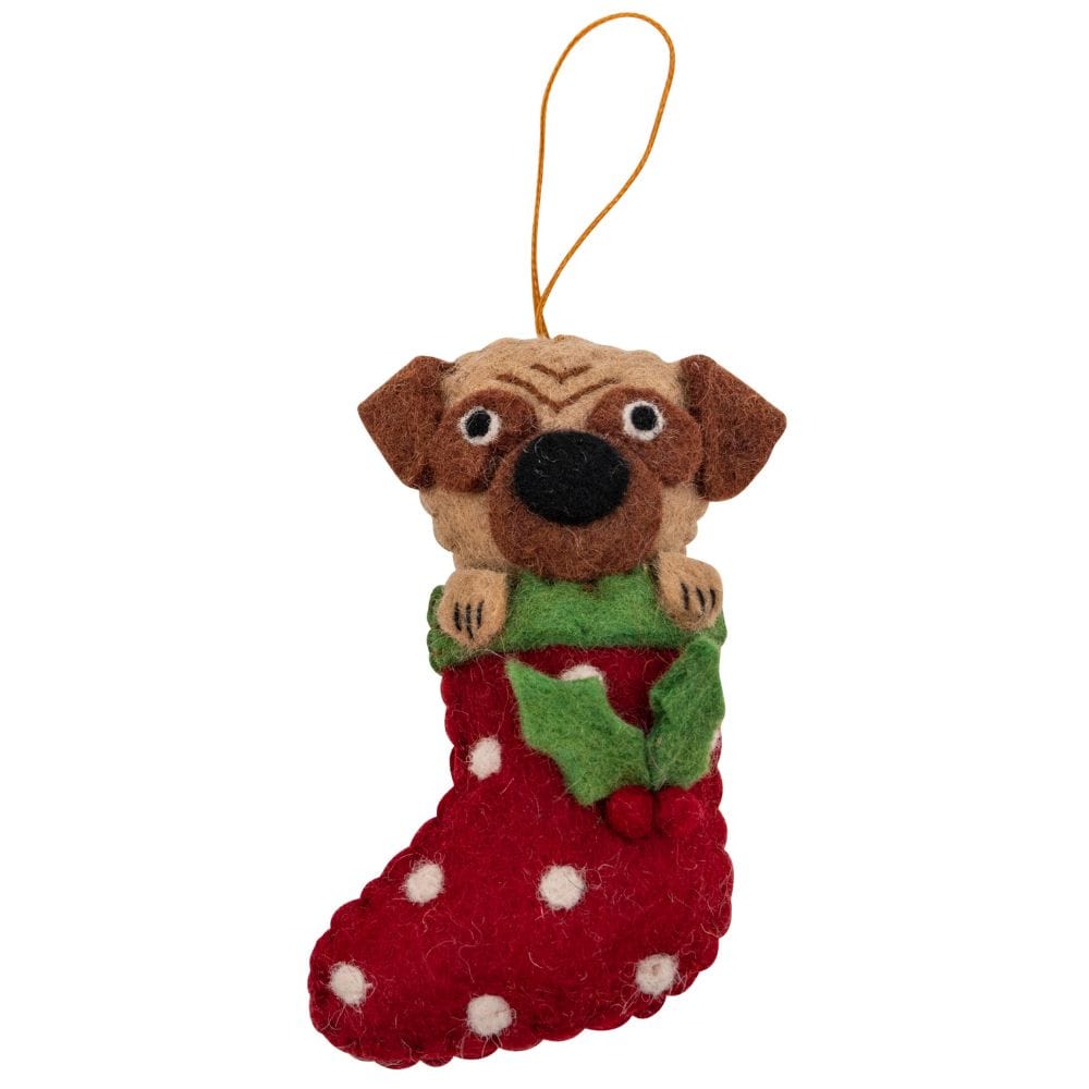 Fairtrade Felt Christmas Decoration - Pug in Stocking