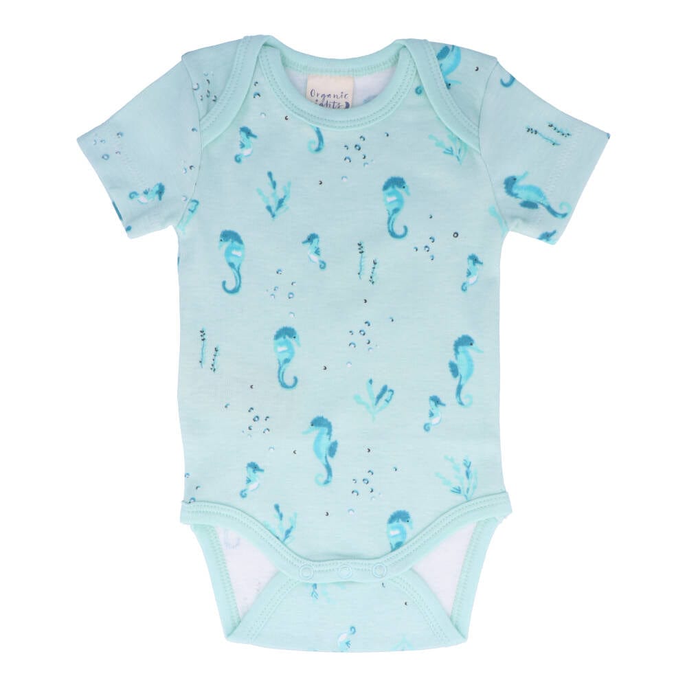 Organic Cotton Summer Baby Onesie - Seahorses Teal