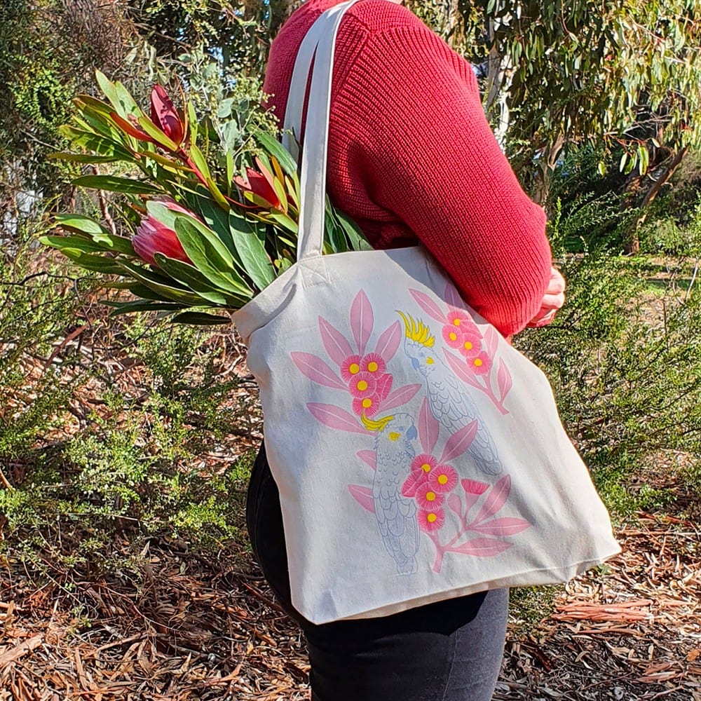 Earth Greetings Organic Cotton Tote Bag - Silver Gum Cockatoos