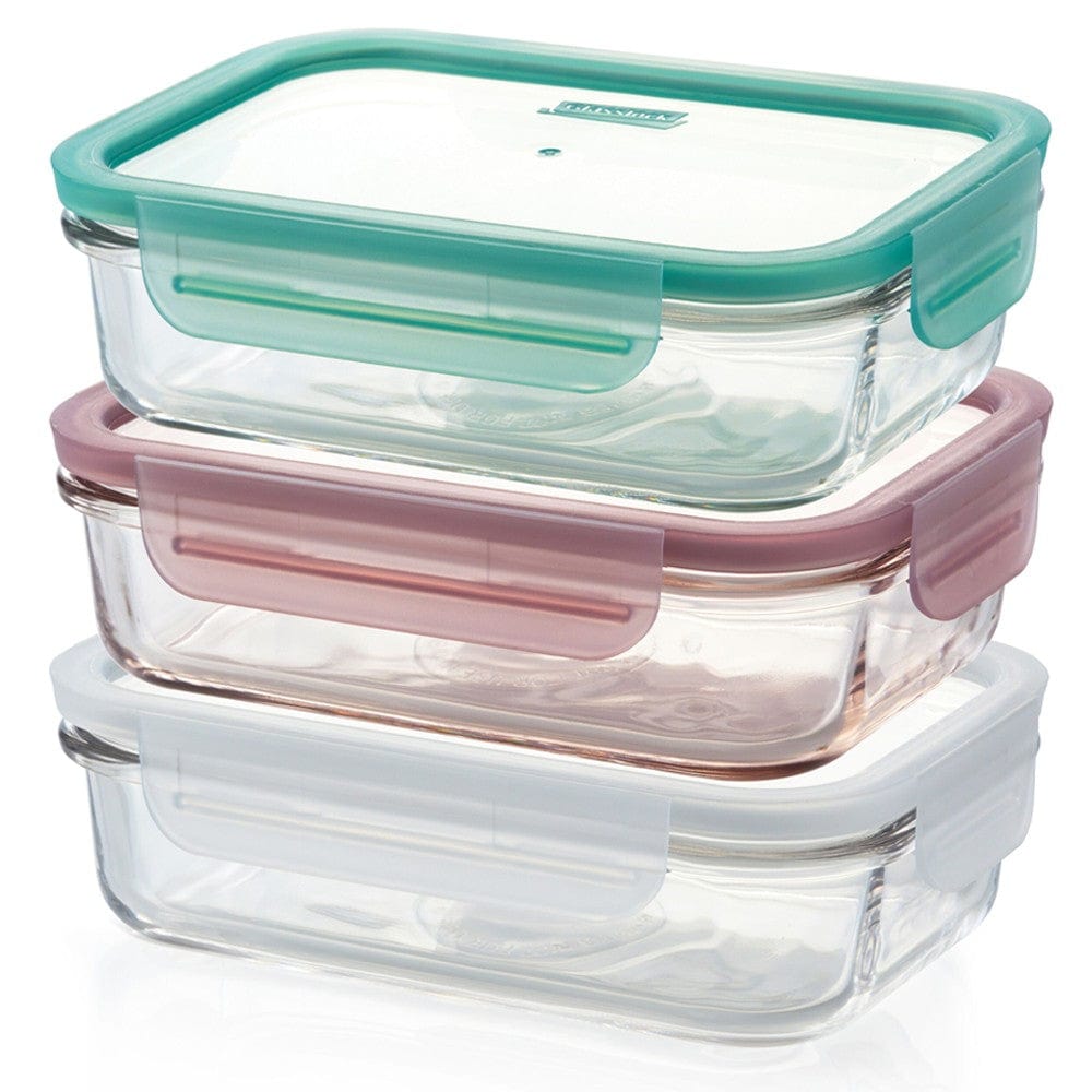 Glasslock Rectangle Container Triple Colour Lid 3pc Set 400ml