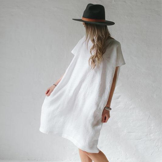 Seaside Tones Short Square Linen Dress - White