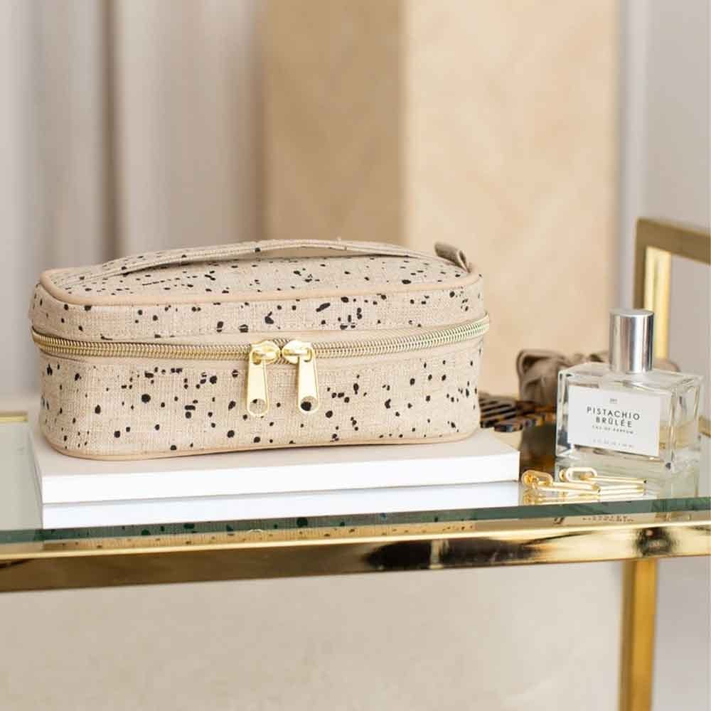 SoYoung Petite Raw Linen Makeup Bag Beauty Poche - Natural Black Splatter